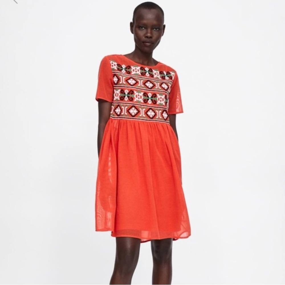 Zara Embroidered Mesh Dress Red Orange Babydoll Mini Tunic SZ Medium